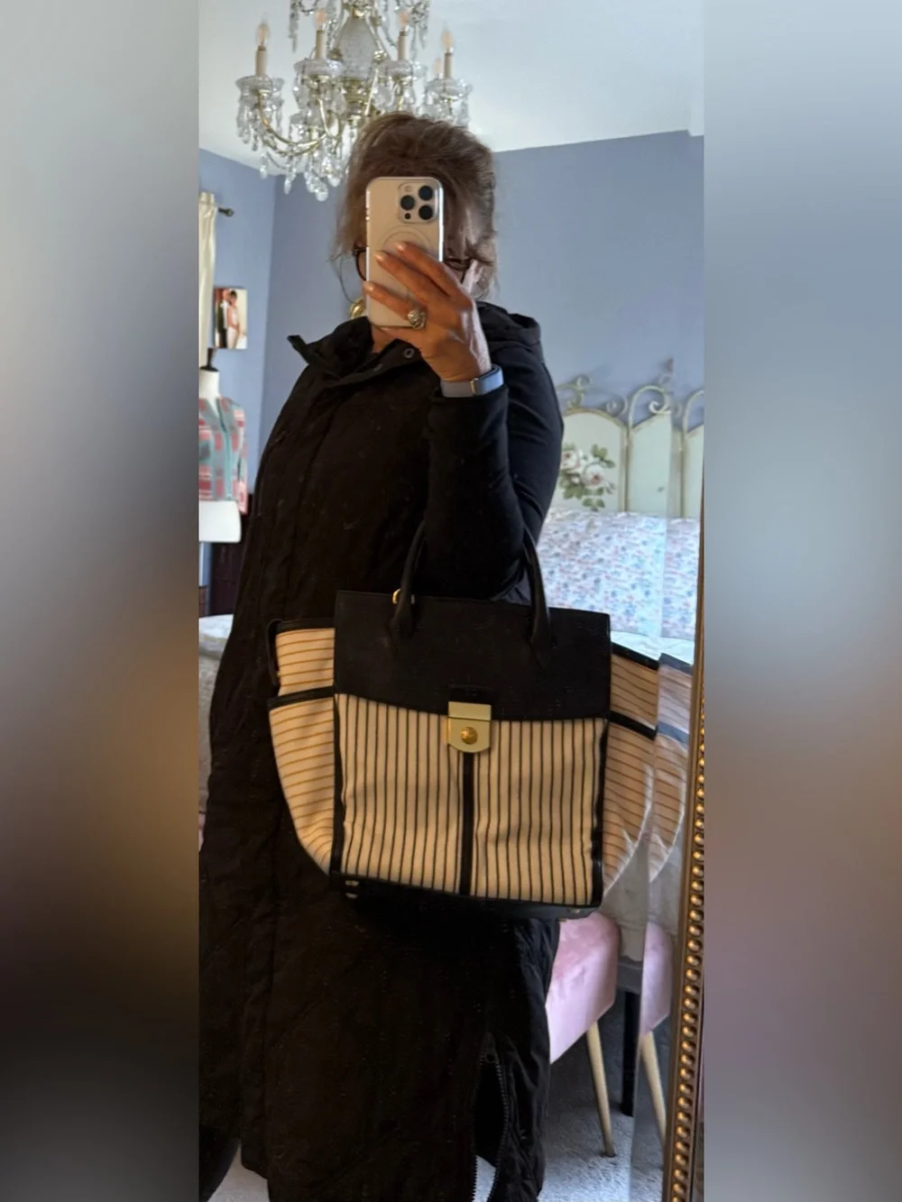 Veronica Beard Black and White Striped Satchel with Gold Lock